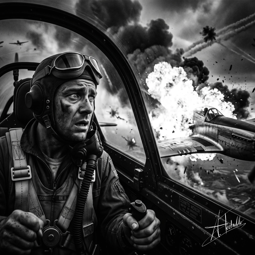 Piloto de caza en combate presenciando el impacto sobre un compañero; metáfora visual de la gestión de respuestas humanas bajo presión extrema y el origen militar de las llamadas soft skills