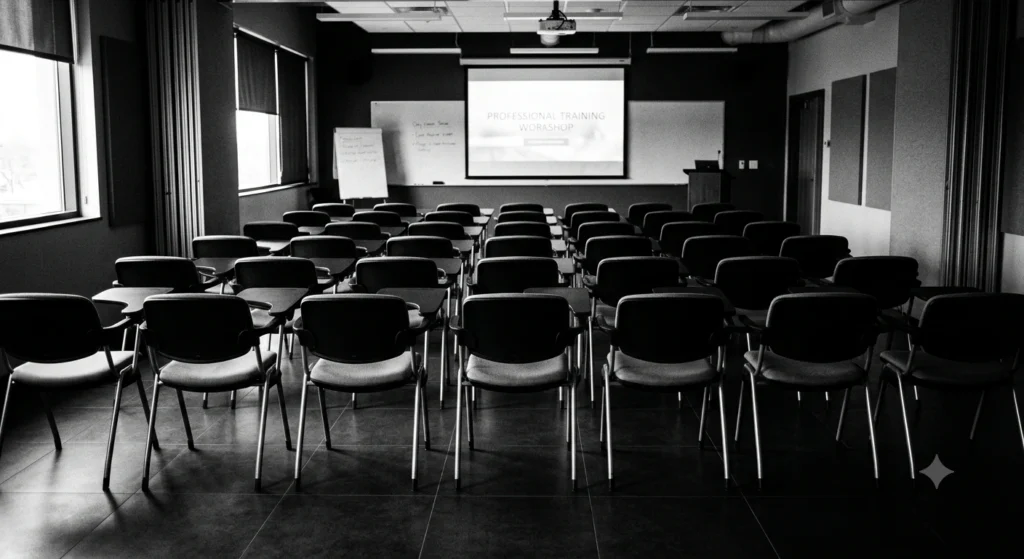 Fotografía en blanco y negro de alto contraste de un aula de formación para profesionales con treinta sillas alineadas hacia una pantalla.
