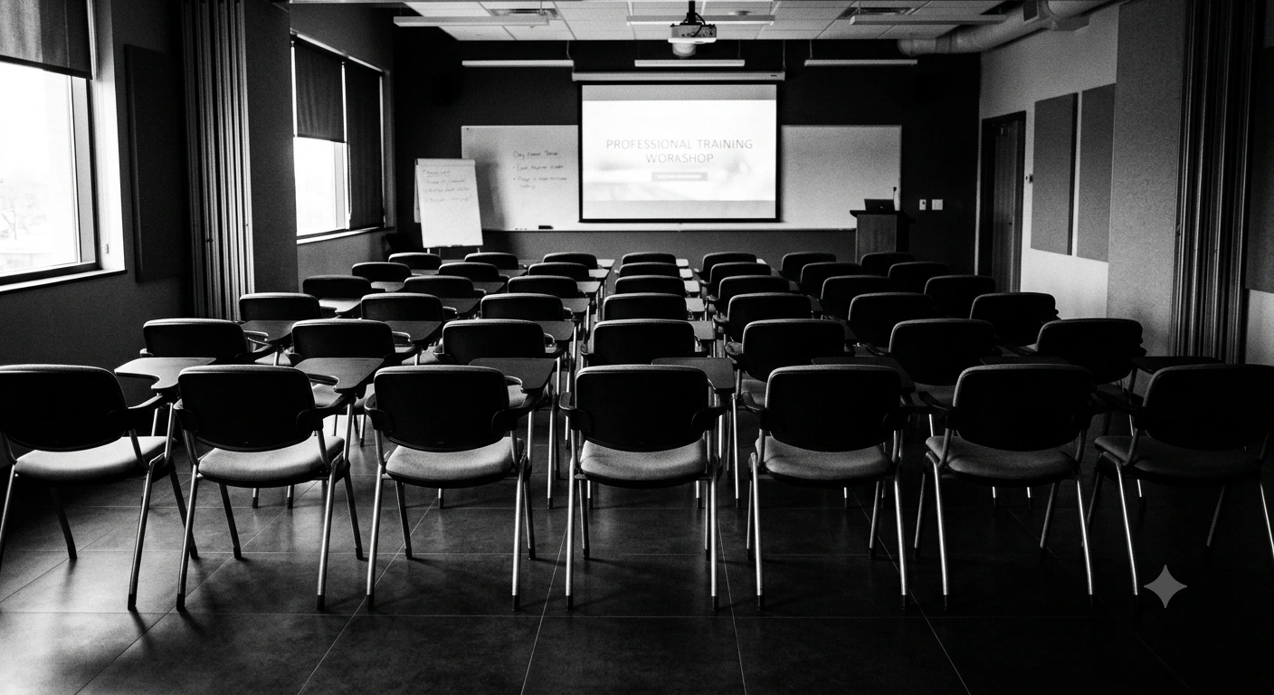 Fotografía en blanco y negro de alto contraste de un aula de formación para profesionales con treinta sillas alineadas hacia una pantalla.