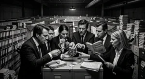Grupo de seis profesionales analizando e intentando resolver juntos un mismo cubo de Rubik en un entorno de oficina.
