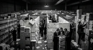Fotografía en blanco y negro de profesionales vestidos con traje desorientados en un laberinto formado por mamparas de oficina y archivos de documentos.